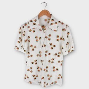 Vintage 70s Floral Puff Sleeve Blouse Women's S White Flower Print Disco Collar